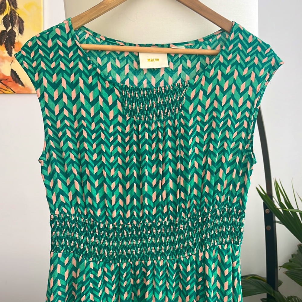 Anthropologie Maeve Evaline Smocked Waist Green Print Dress - Picture 4 of 7